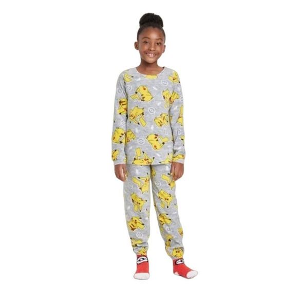 Girls Pokémon Pikachu Pajama Set with Cozy Socks Gray Size XS - Picture 1 of 3